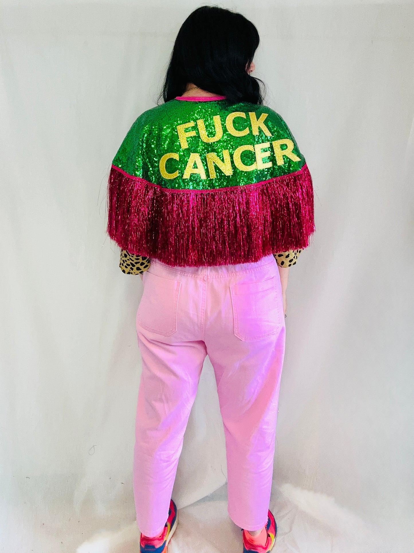 ‘FUCK CANCER’ Sequin Cape - also available censored