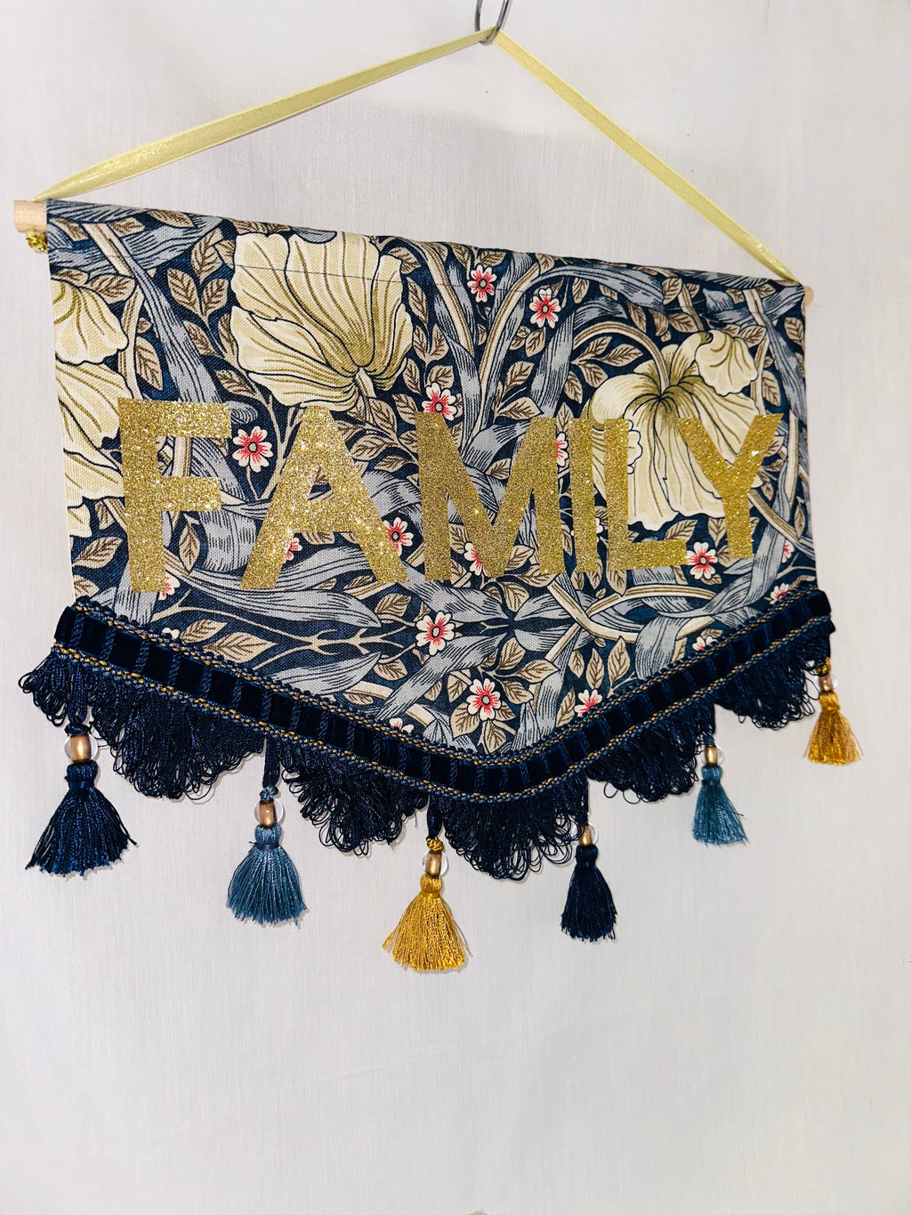 Family Banner printed on William Morris 'Pimpernel' fabric